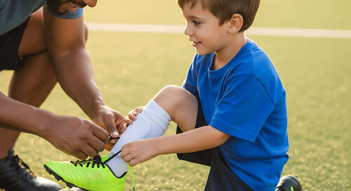 First Year Soccer Player Tying Laces A young soccer player ties his cleats with help from dad.
